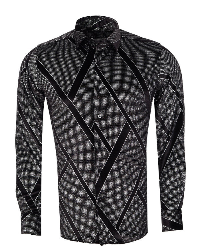 Oscar Banks Premium Shiny Black and Grey Geometric Pattern Shirt-Makrom