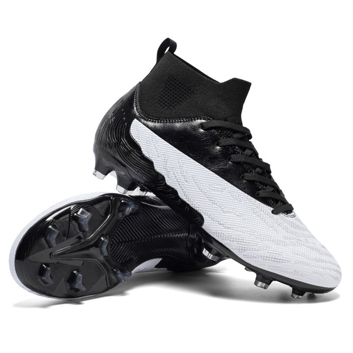 Men's spike soccer cleats size range display, multiple pairs in black white and colored variants