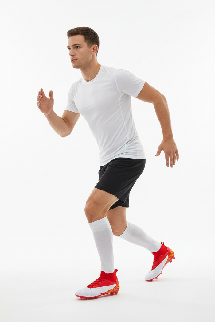 Side view of men's low-heel soccer cleats showing lace-up closure and ankle height profile