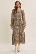 olive paisley ruffled dress for fall formal wear wedding attire