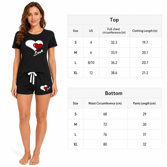 Cute printed loungewear set with short sleeve top, drawstring shorts and heart love graphic for playful home style daily wear