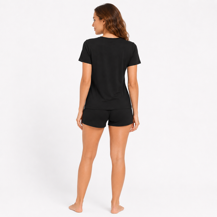 Two piece pajama set for women with short sleeves, matching shorts and bold heart love print for cozy indoor lounge at nights