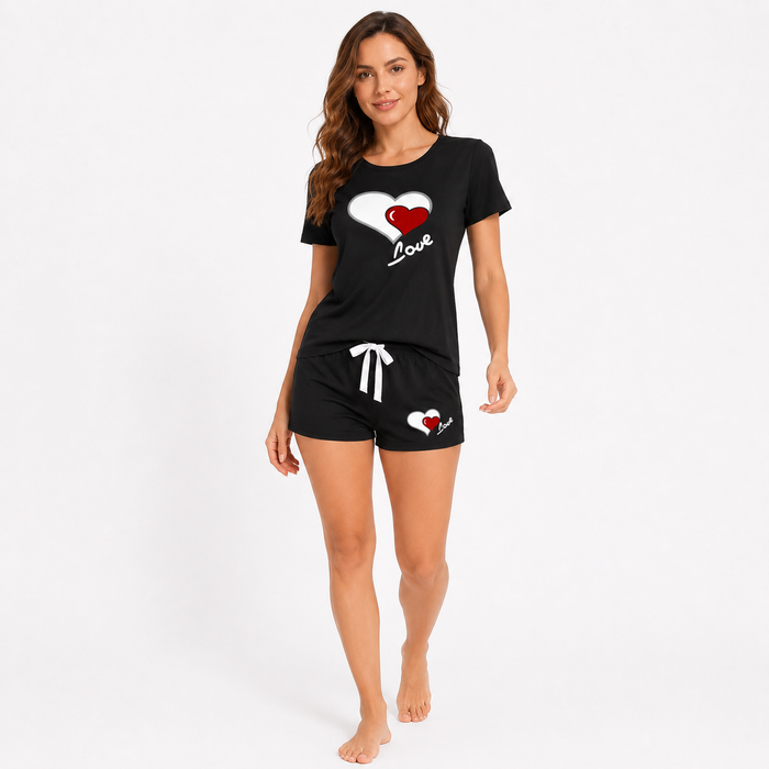 Black heart print pajama shorts set with cute tee, moderate fabric thickness and easy fit for women home style lounge PJ sets