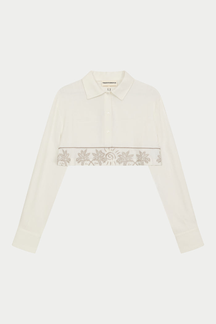 PALM EMBROIDERED CROPPED SHIRT - OFF WHITE