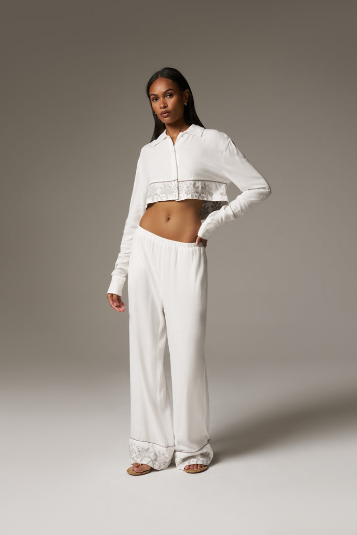 PALM EMBROIDERED CROPPED SHIRT - OFF WHITE