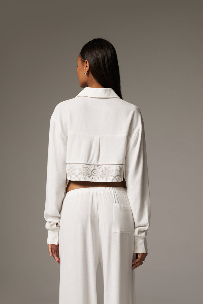 PALM EMBROIDERED CROPPED SHIRT - OFF WHITE