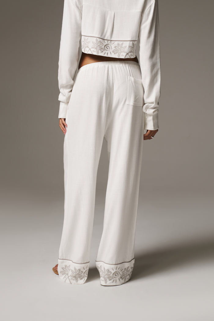 PALM EMBROIDERED WIDE LEG TROUSERS - OFF WHITE