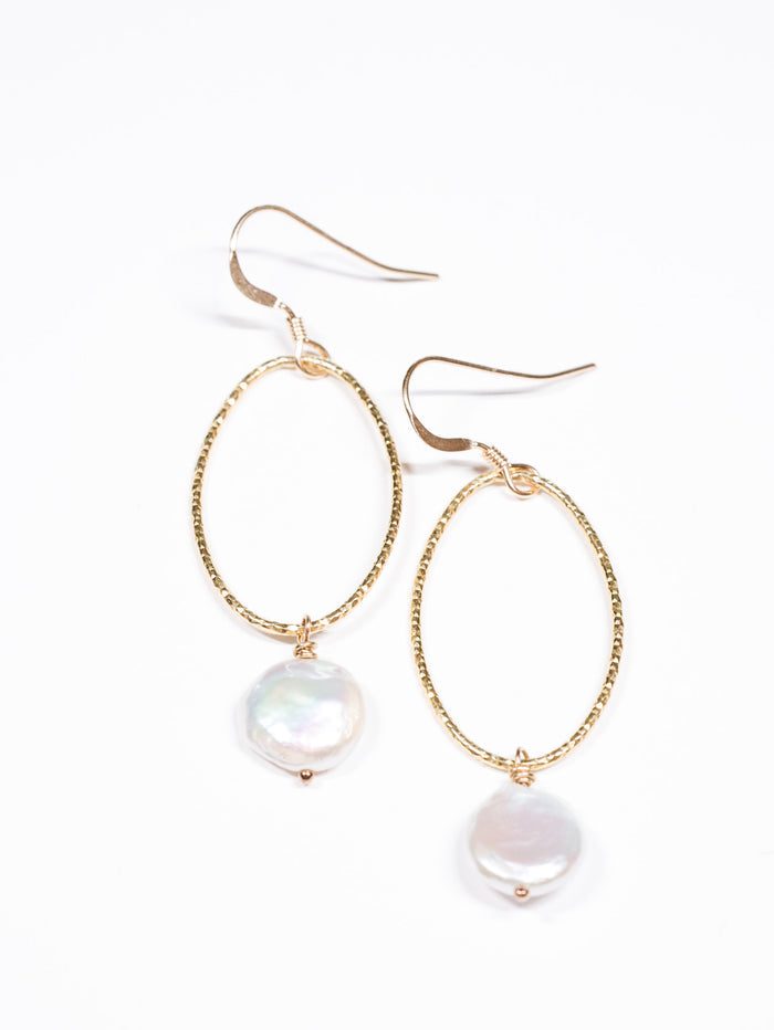 Nina Hall gold oval drop earrings with creamy white coin pearls, handmade and nickel-free, available at Ardor Boutique
