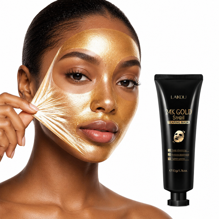 Peel off face mask for glowing skin appearance with gold foil style, snail skincare theme, and easy peel application for care
