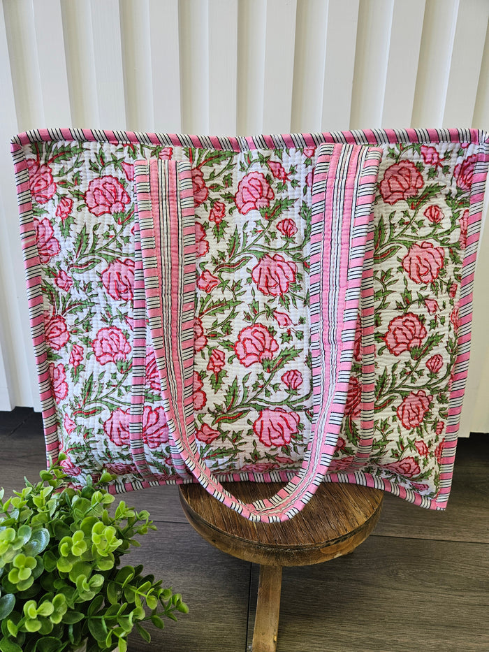 pink floral quilted bag