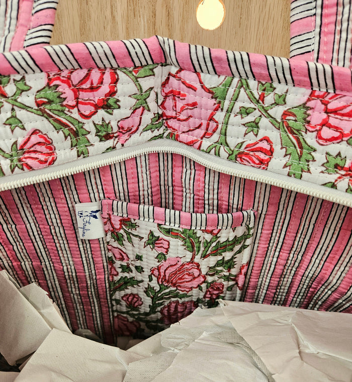 pink floral quilted bag-inside view