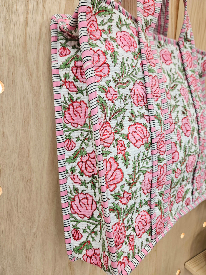 pink floral quilted bag-side view