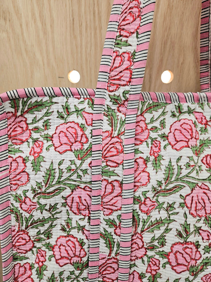 pink floral quilted bag-close up