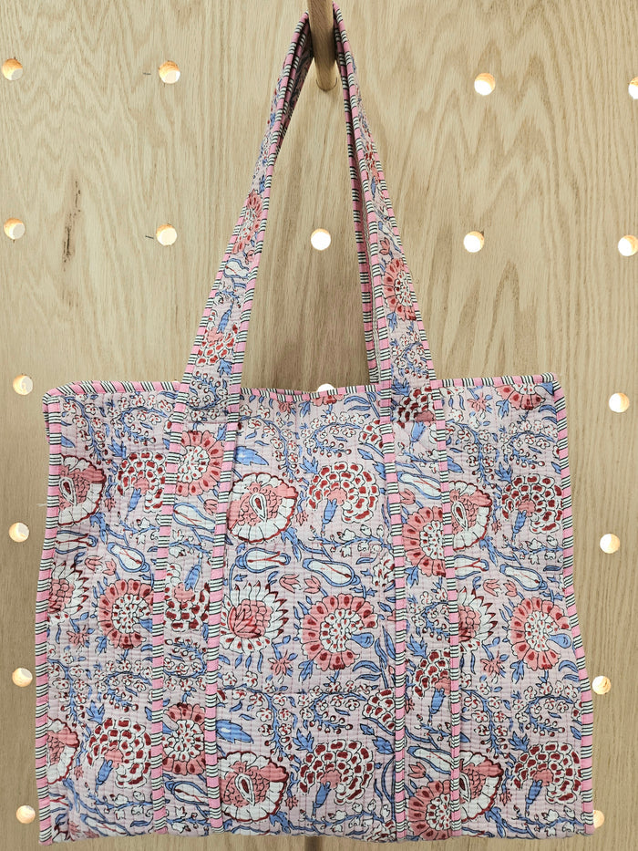 pink floral quilted tote bag