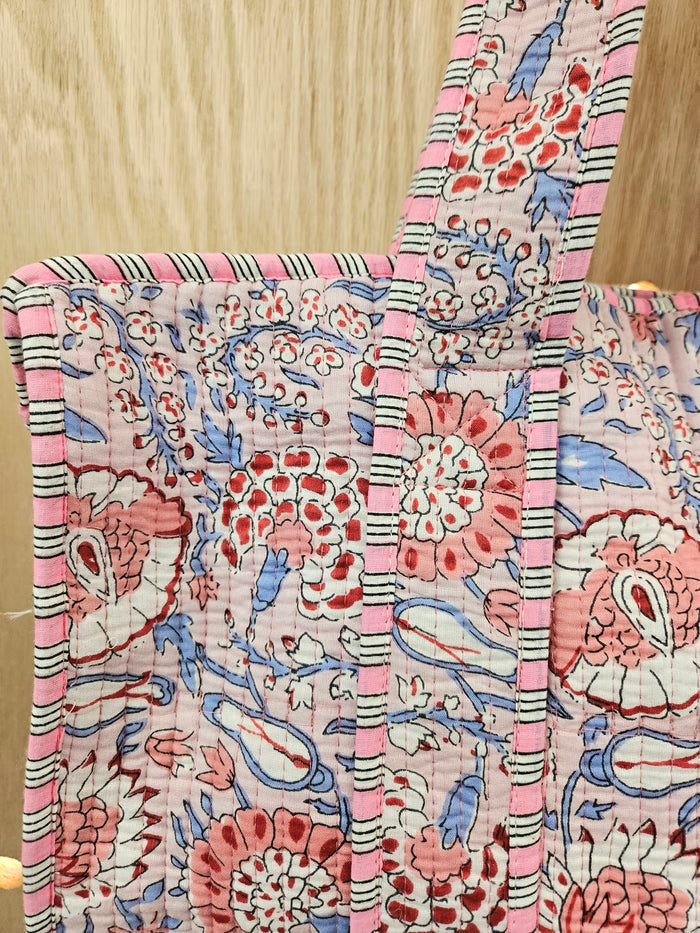 pink floral quilted tote bag