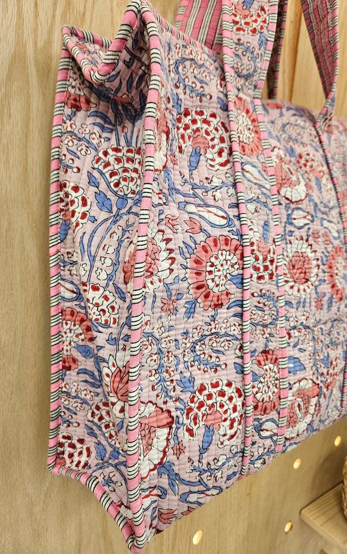 pink floral quilted tote bag