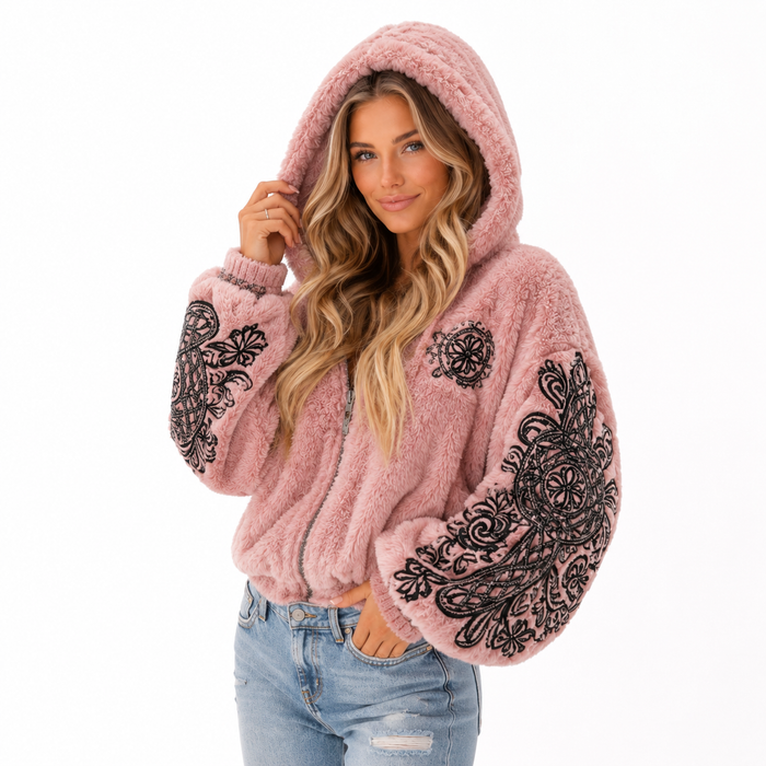 Model in hooded pink winter jacket with loose fit and statement embroidered-look sleeves