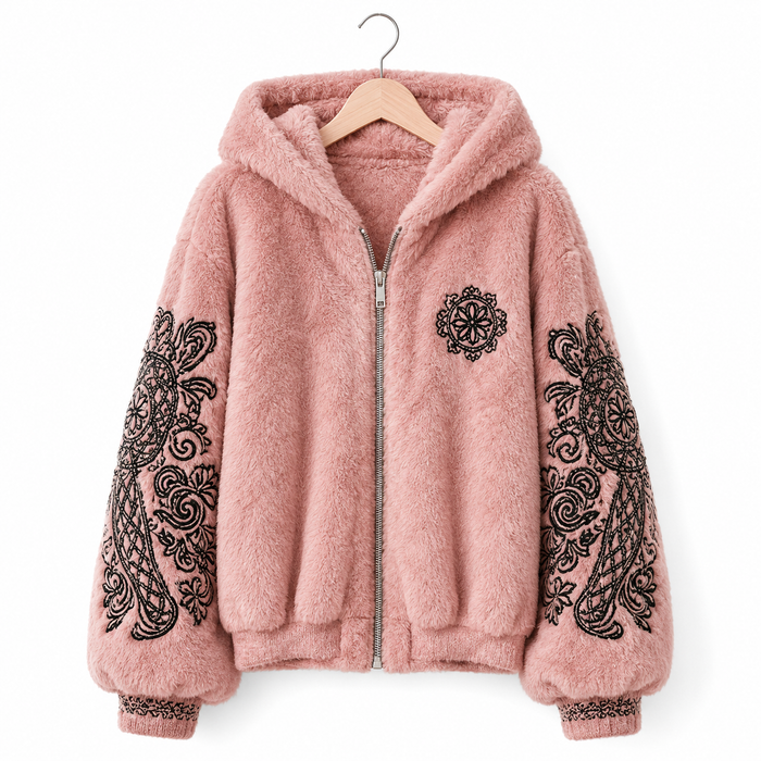 Pink fleece jacket with black lace patterns on sleeves and hem, hanging on a white background.