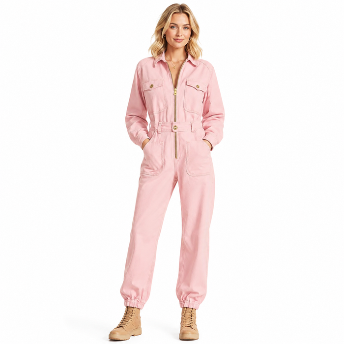 Long sleeve pink jumpsuit for women with retro western styling and softly draped details for a refined western-inspired look.