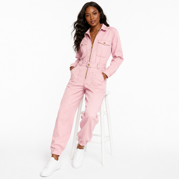 Pink polyester jumpsuit for women featuring full-length straight legs and a zip-up front for a refined western-inspired look.