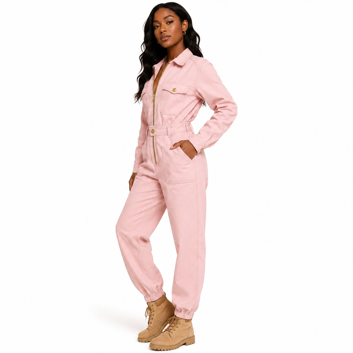 Western-inspired pink jumpsuit for women with a zip-up front, long sleeves and straight legs in a clean retro-inspired style.