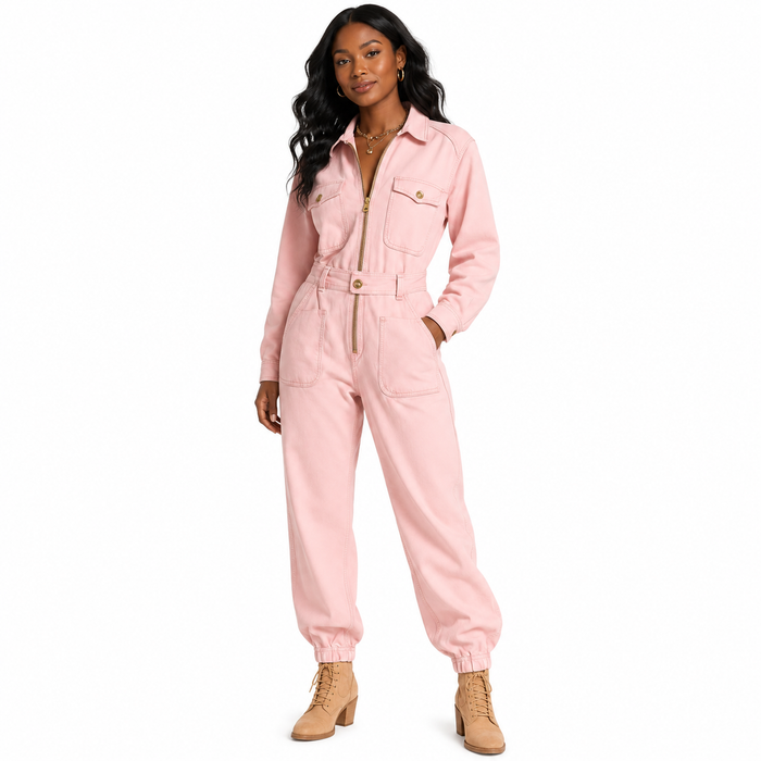 Western-inspired pink jumpsuit for women with a zip-up front, long sleeves and straight legs in a clean retro-inspired style.