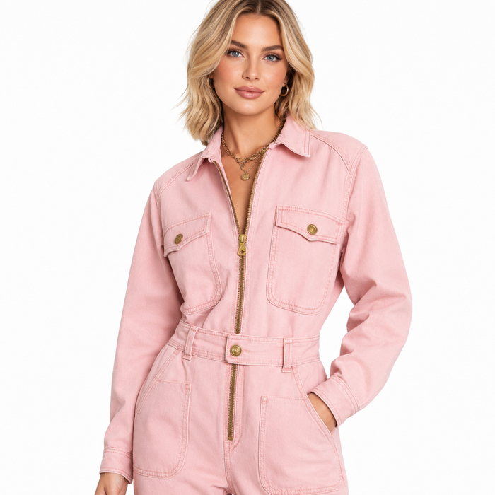 Western-inspired pink jumpsuit for women with a zip-up front, long sleeves and straight legs in a clean retro-inspired style.