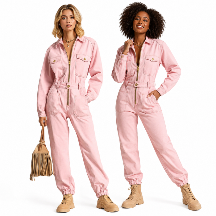 Straight-leg pink jumpsuit for women with pleated draping, long sleeves and full-length legs in a clean retro-inspired style.