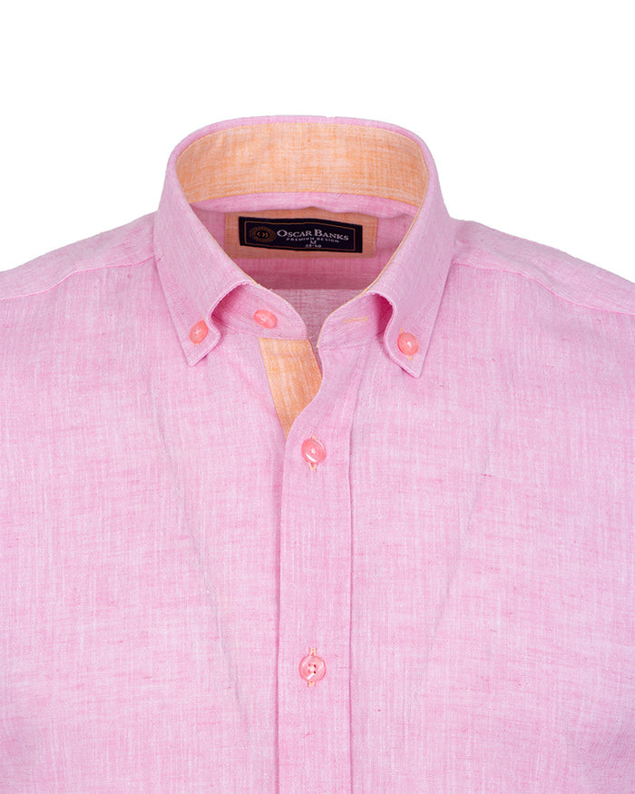 Pink Linen Long Sleeve Shirt with Matching Handkechief-Makrom