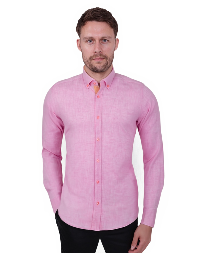 Pink Linen Long Sleeve Shirt with Matching Handkechief-Makrom