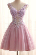 Pink Prom Dress 2024 Short V Neck Sleeveless Floral Tulle