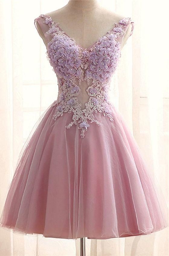 Pink Prom Dress 2024 Short V Neck Sleeveless Floral Tulle