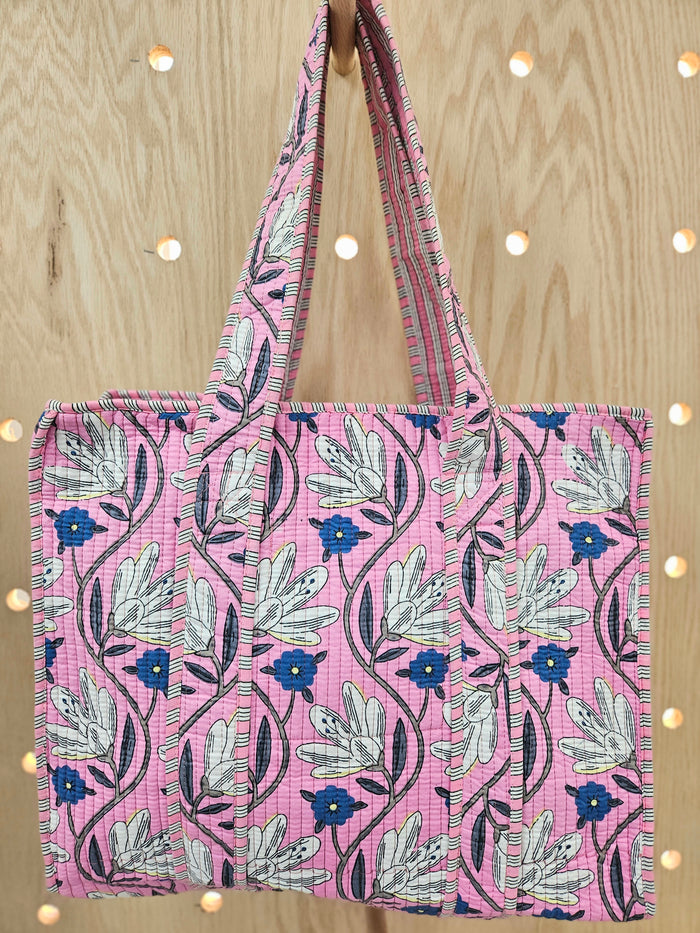 pink quilted bag with flowers