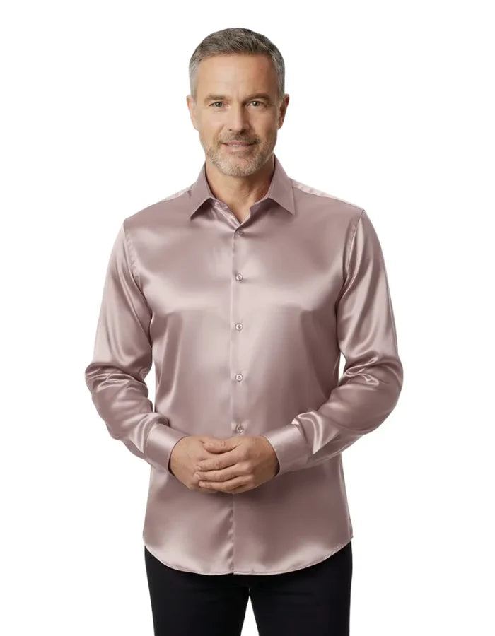 Pink Shiny Plain Satin Classic Men’s Shirt-Makrom