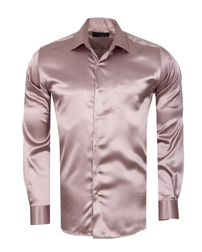 Pink Shiny Plain Satin Classic Men’s Shirt-Makrom