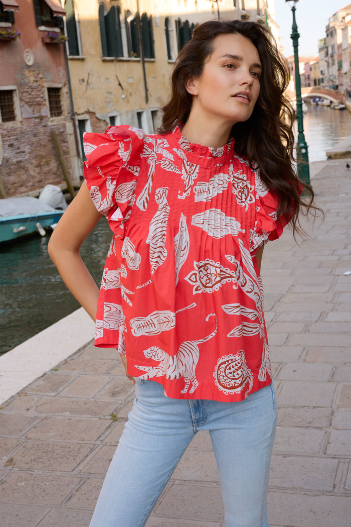 Pintuck Ruffle Top- Bengal Brick