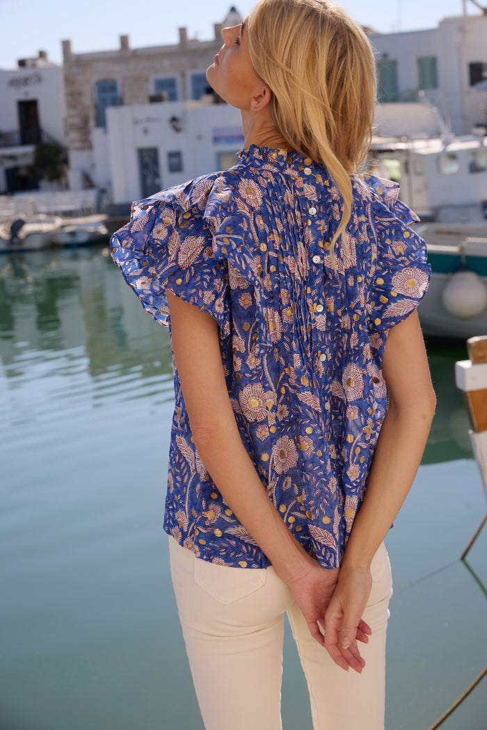 Pintuck Ruffle Top- Carolina Cobalt