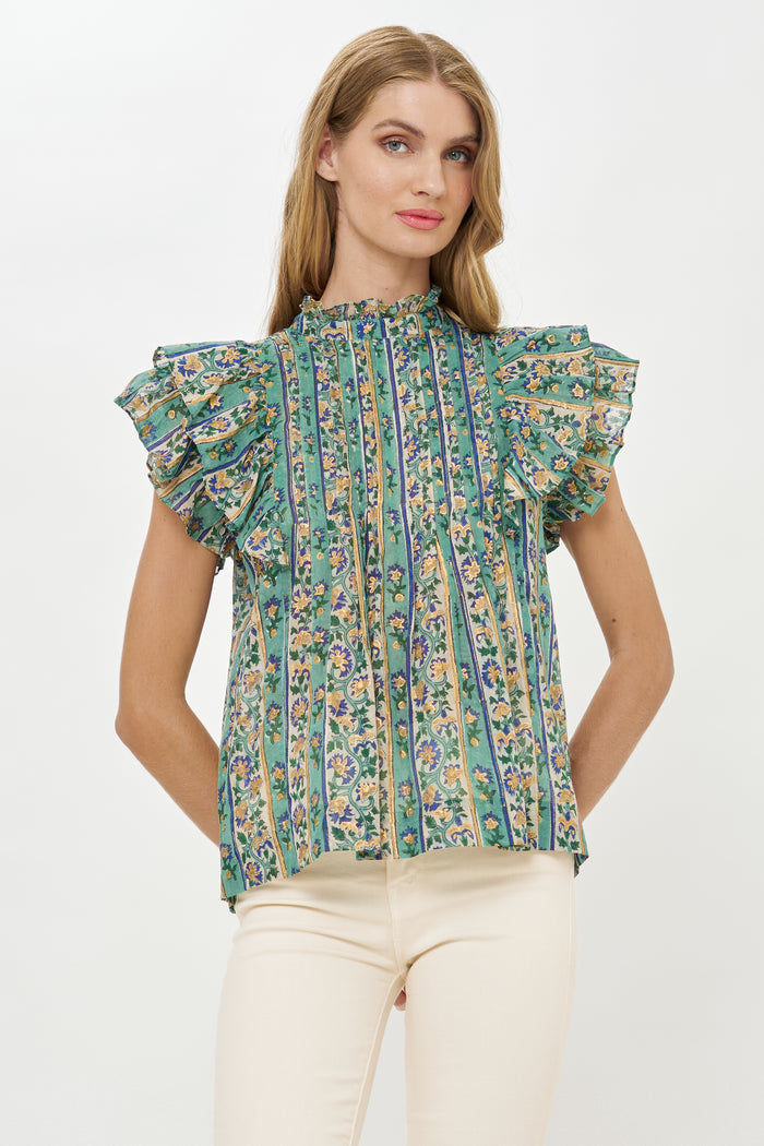 Pintuck Ruffle Top- Taj Aqua