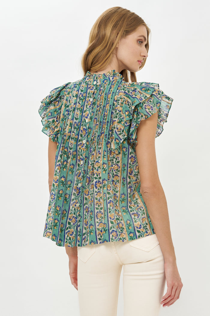 Pintuck Ruffle Top- Taj Aqua