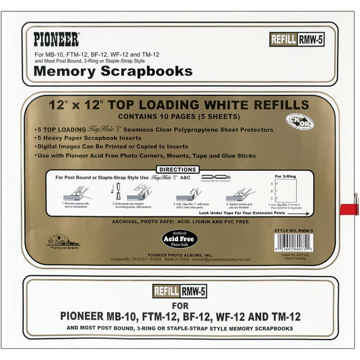 Pioneer - Universal Top-Loading Page Protectors - 5/Pkg - 12"X12" (W/White Inserts). PIONEER-Heavy paper inserts with top loading sheet protectors. Can be used with post bound, strap style or 3-ring albums. Acid free, lignin free and PVC emission free. Available at Embellish Away located in Bowmanville Ontario Canada.
