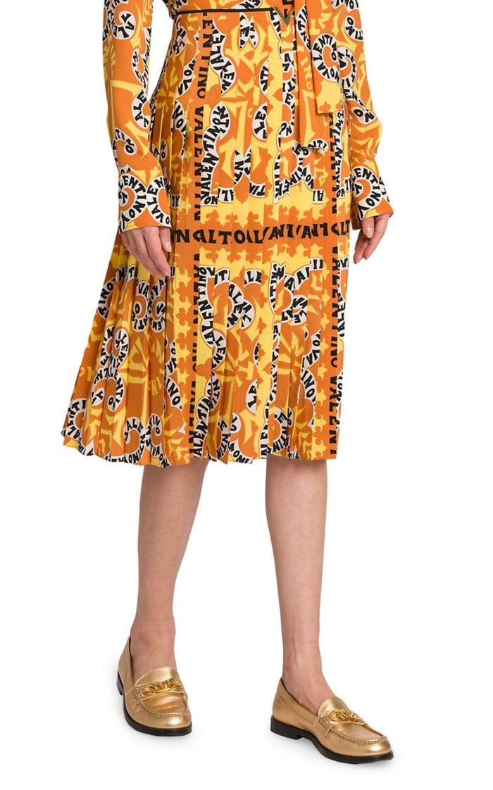 Valentino Pleated Logo Print Silk Midi Skirt - Runway Catalog