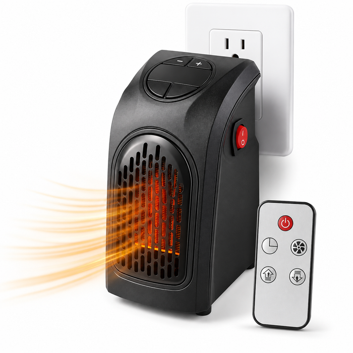Plug in wall heater with PTC ceramic element and compact design for focused warmth in smaller home or office spaces each day.