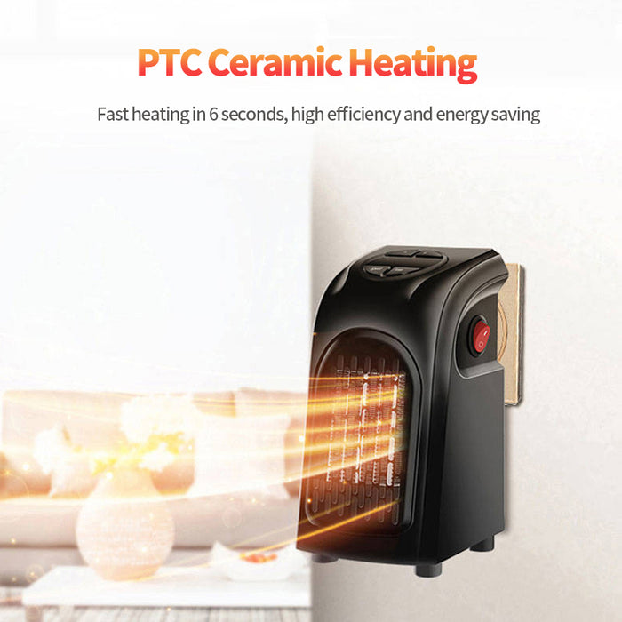 Small portable electric heater with compact dimensions and two fan speeds for practical use in indoor spaces at home or work.