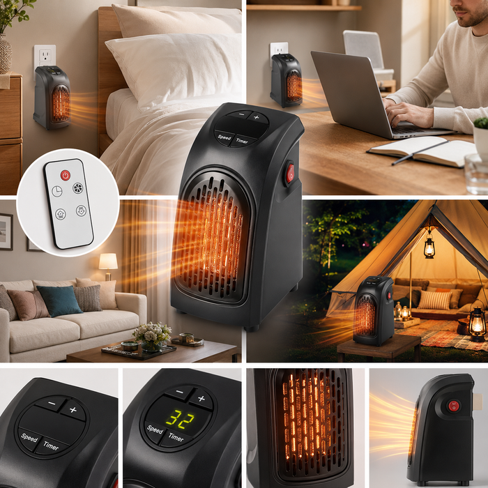 Portable electric heater for office use with adjustable temperature and two airflow speeds in a compact, space-saving format.