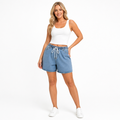 Retro washed denim shorts for women in blue denim cotton, with a wide leg shape for relaxed warm weather styling ideas daily