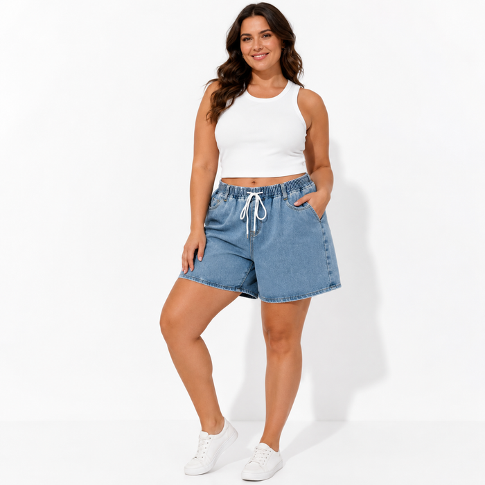 4XL denim shorts for women in retro washed denim cotton, with wide leg shape and regular thickness for casual daily wear now