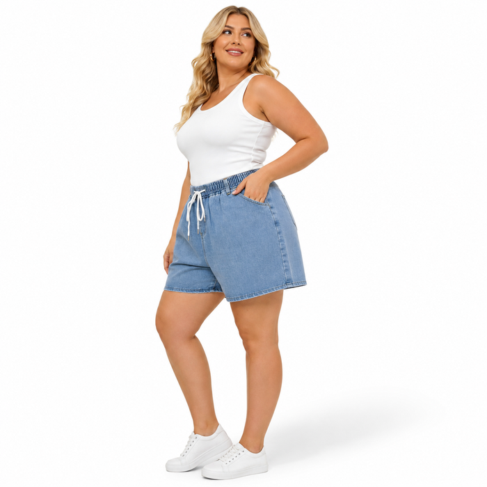 Wide leg denim shorts in retro blue wash, made from denim cotton for easy movement and confident plus size summer style today