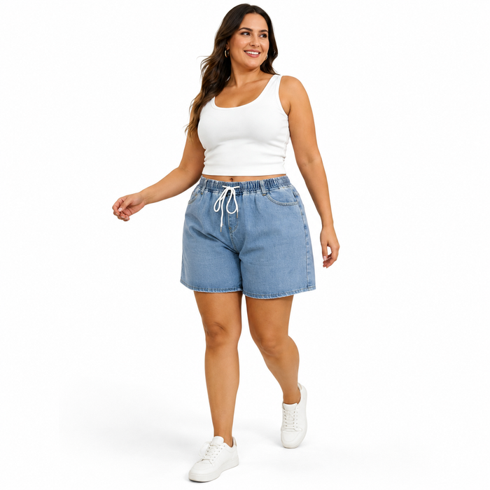 Plus size blue denim shorts with retro wash, wide leg shape, and easy styling for travel, weekends, or daily summer wear now