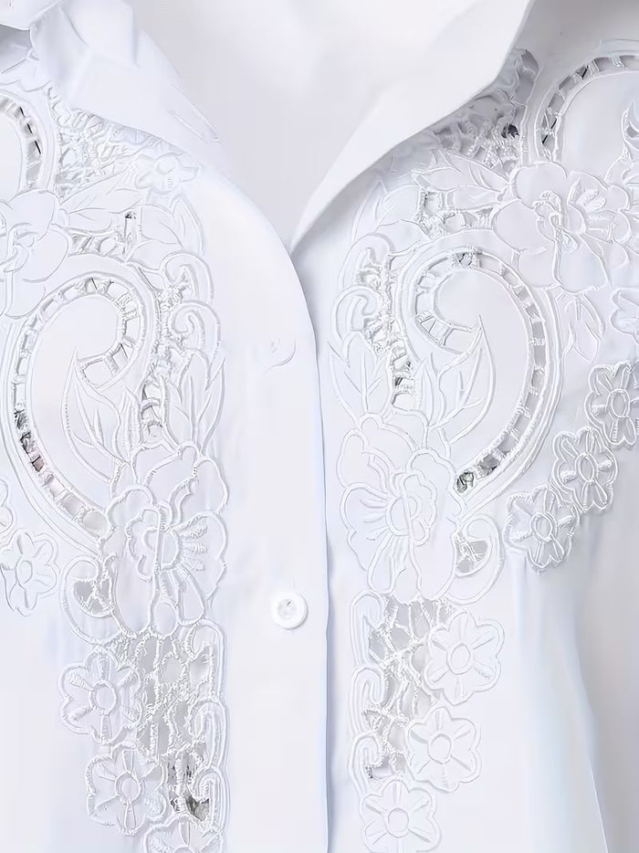 Plus size fashion shirt with hollow craft embroidery and clean solid color finish, styled for office, travel and casual days.
