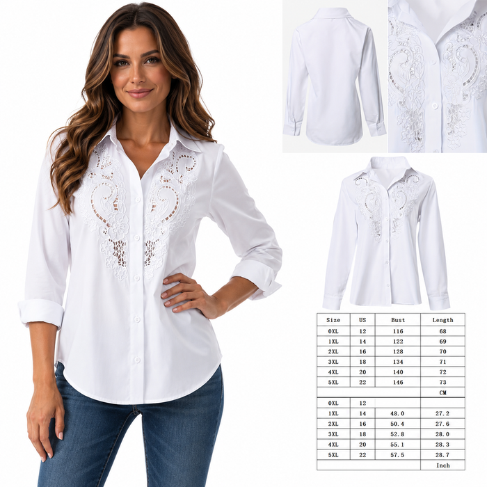 Versatile plus size shirt with embroidered detail, comfortable long sleeve coverage and elegant casual temperament for women.